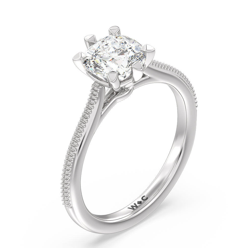 Cushion Cut Milgrain Centerline Six Prong Solitaire Engagement Ring with Lab Grown Diamond in 14KT Platinum view 3
