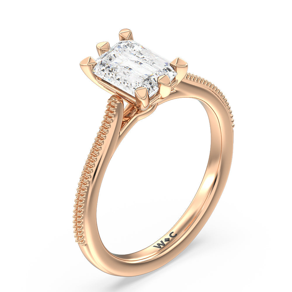 Emerald Cut Milgrain Centerline Six Prong Solitaire Engagement Ring with Lab Grown Diamond in 14KT Rose Gold view 3
