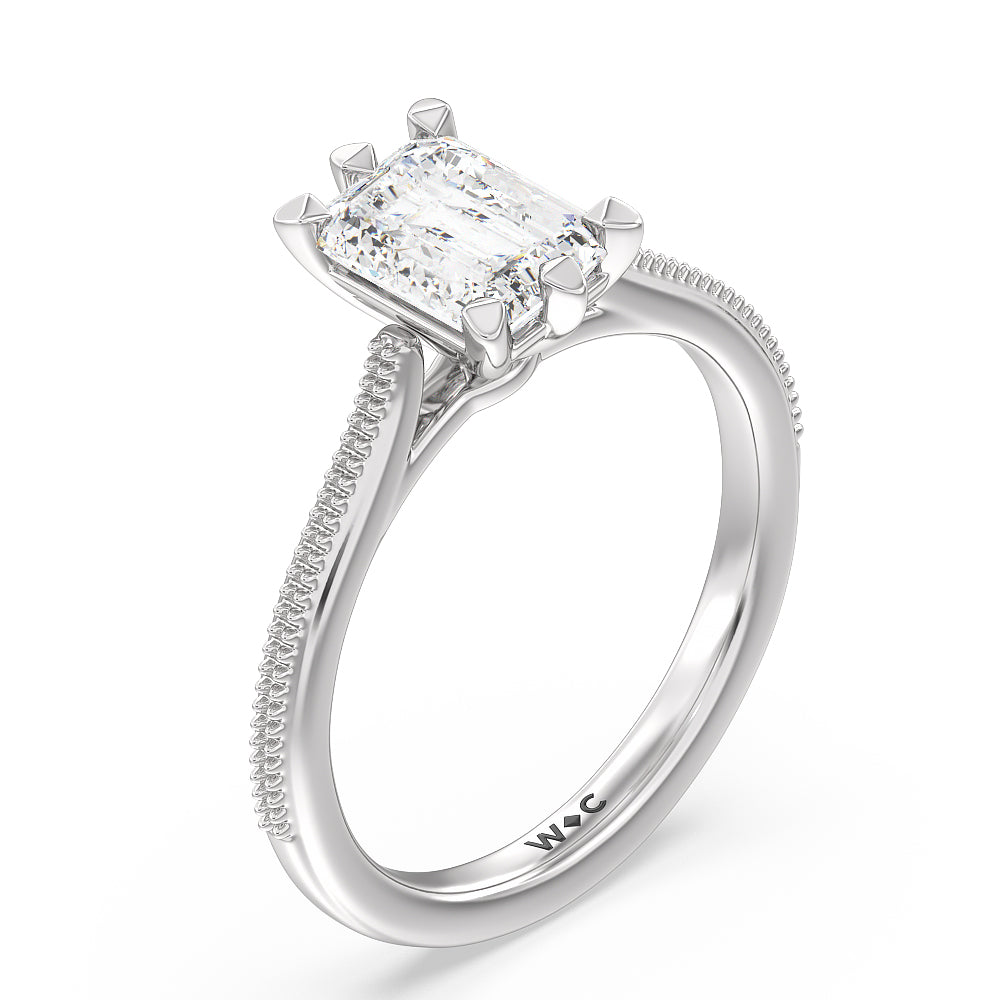 Emerald Cut Milgrain Centerline Six Prong Solitaire Engagement Ring with Lab Grown Diamond in 14KT Platinum view 3
