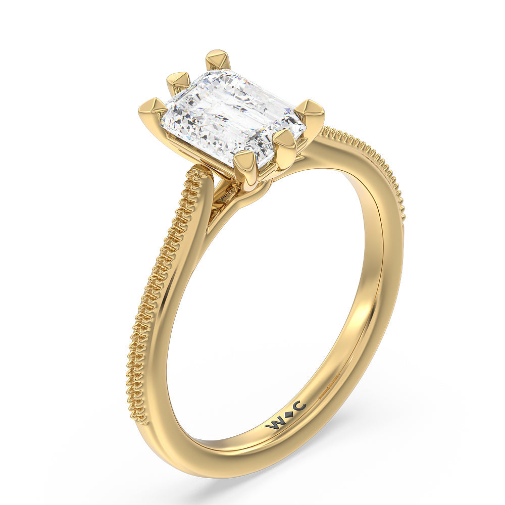 Emerald Cut Milgrain Centerline Six Prong Solitaire Engagement Ring with Lab Grown Diamond in 14KT Yellow Gold view 3
