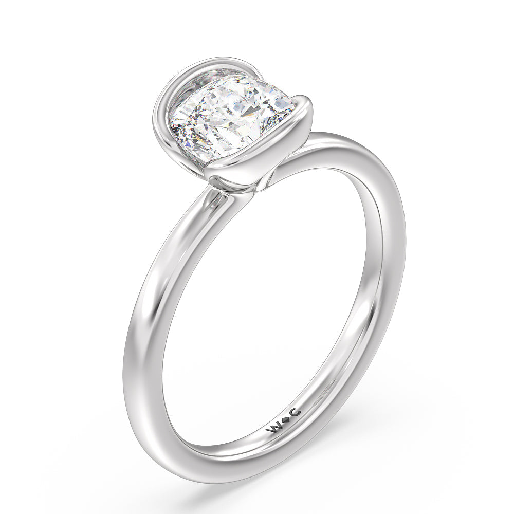 Seamless Half Bezel Solitaire Engagement Ring with Cushion Cut Diamond in 14KT Platinum view 3
