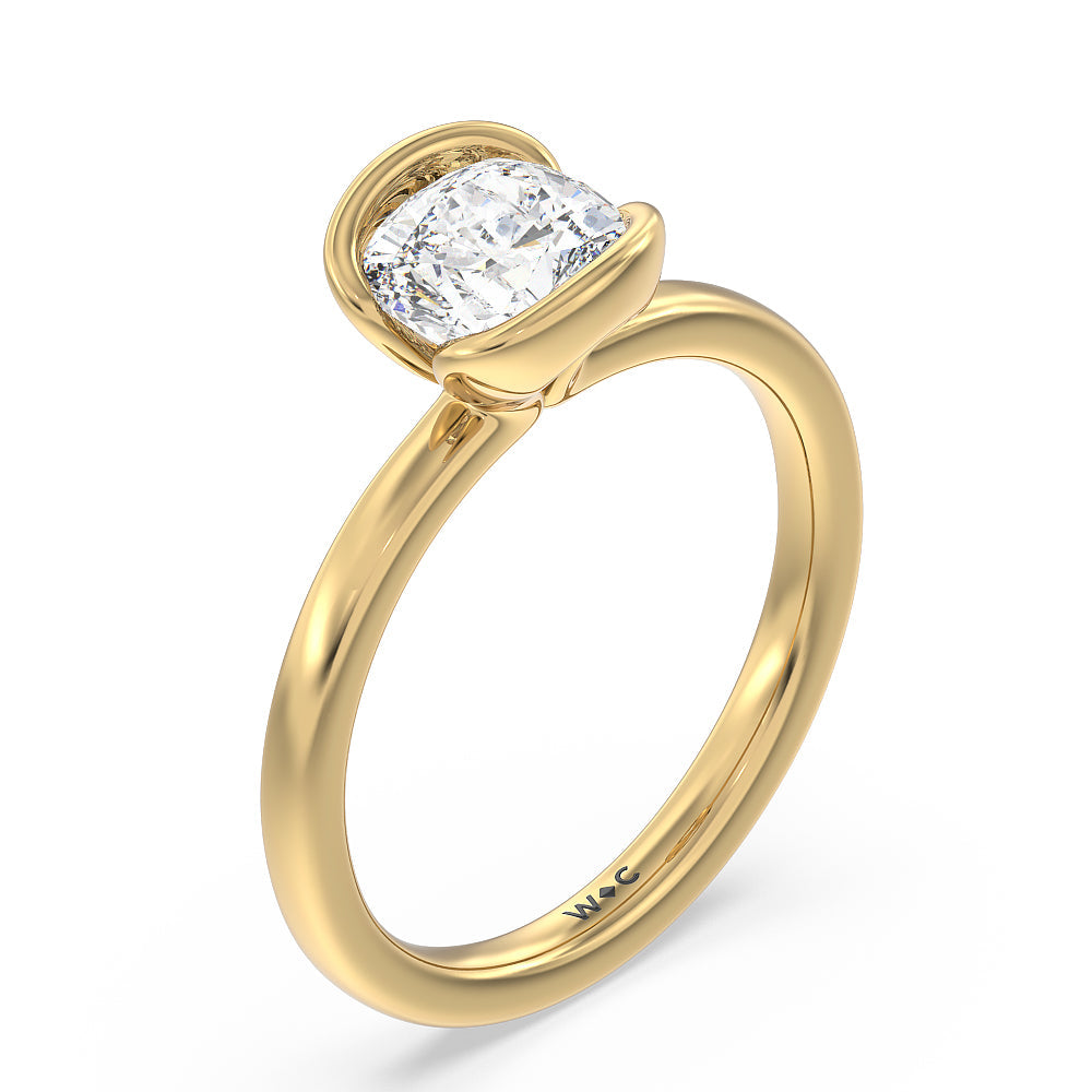 Seamless Half Bezel Solitaire Engagement Ring with Cushion Cut Diamond in 14KT Yellow Gold view 3
