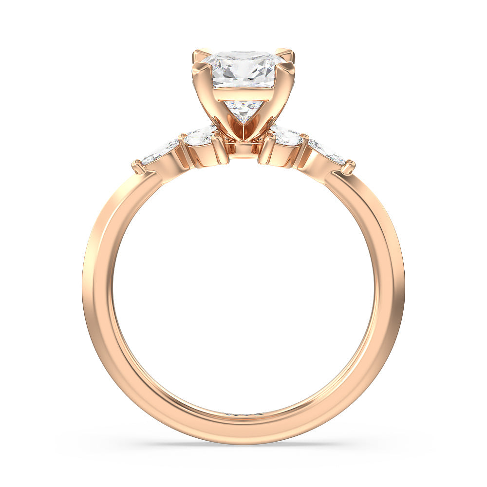 Marquise Accent Knife Edge Engagement Ring with Cushion Cut Diamond in 14KT Rose Gold view 2
