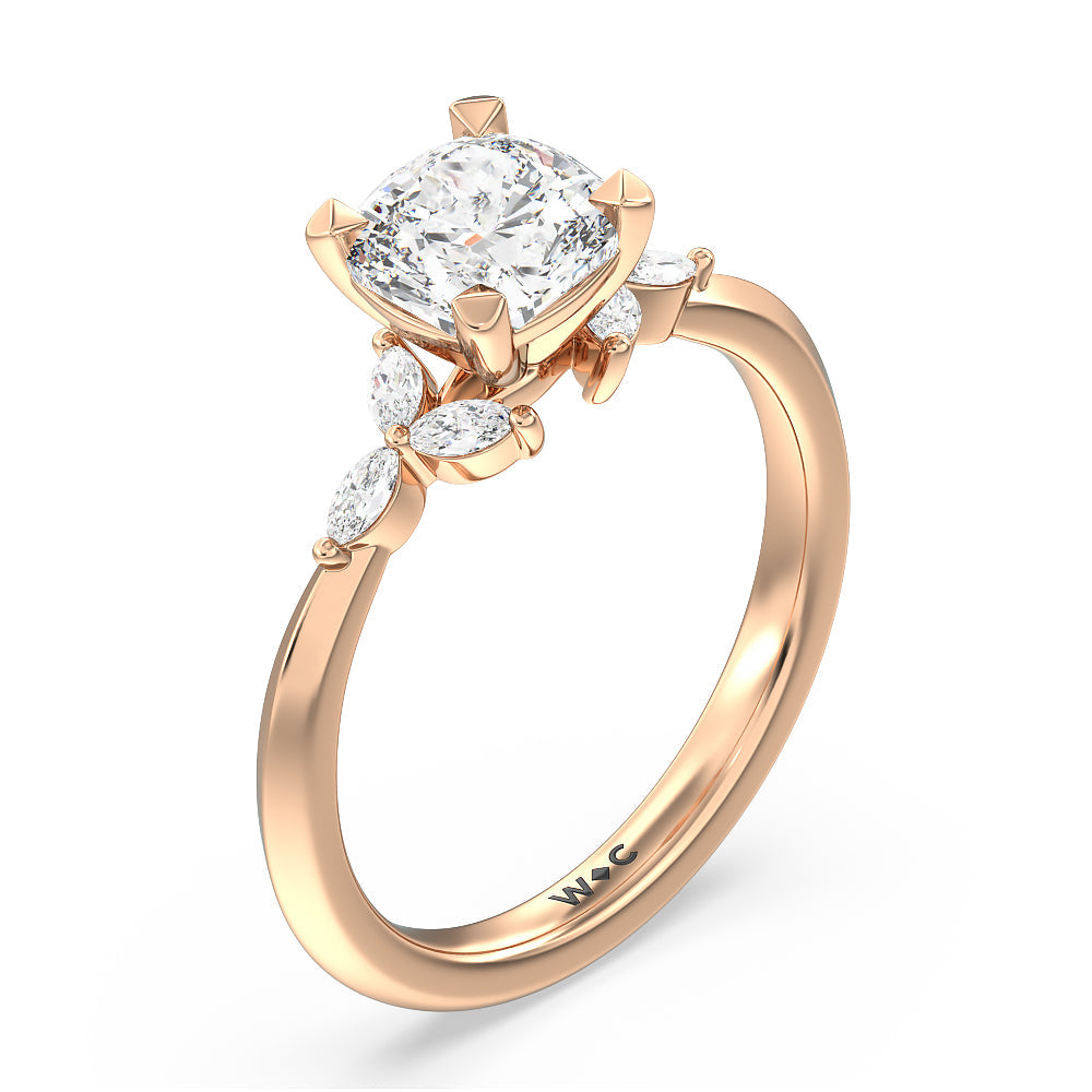 Marquise Accent Knife Edge Engagement Ring with Cushion Cut Diamond in 14KT Rose Gold view 3
