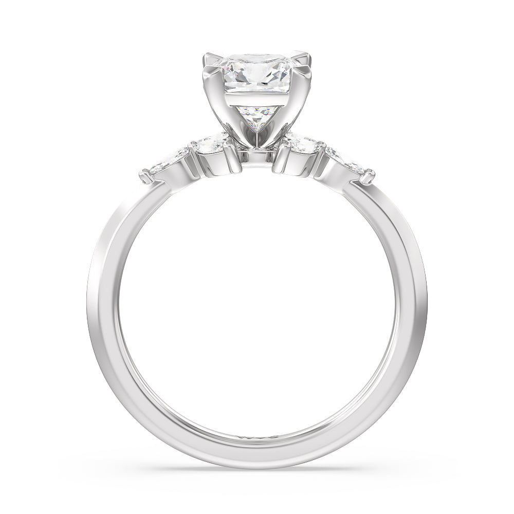 Marquise Accent Knife Edge Engagement Ring with Cushion Cut Diamond in 14KT Platinum view 2
