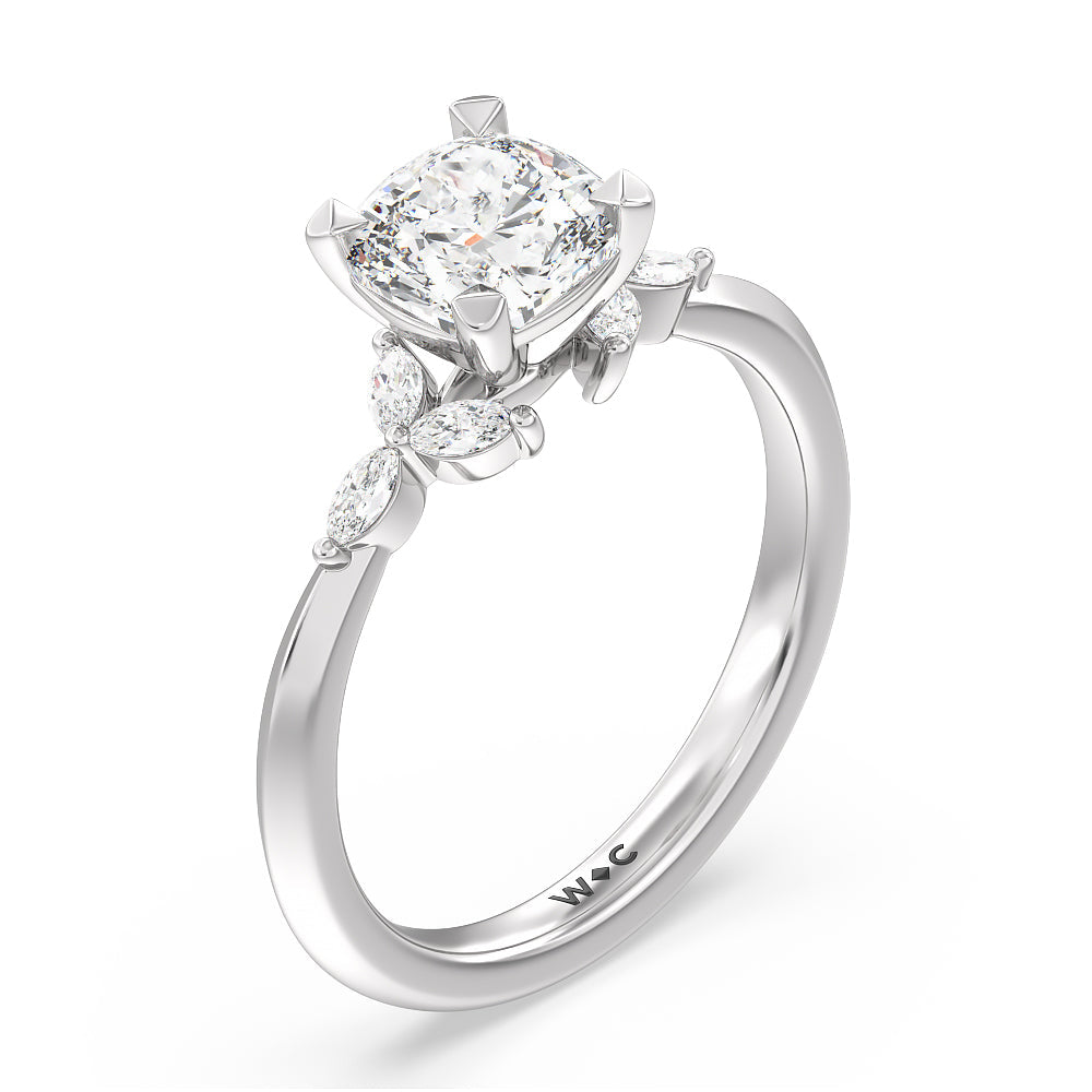Marquise Accent Knife Edge Engagement Ring with Cushion Cut Diamond in 14KT Platinum view 3

