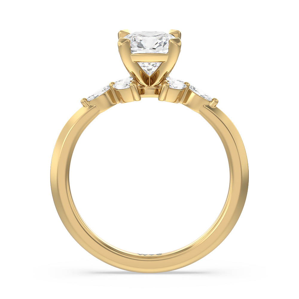 Marquise Accent Knife Edge Engagement Ring with Cushion Cut Diamond in 14KT Yellow Gold view 2
