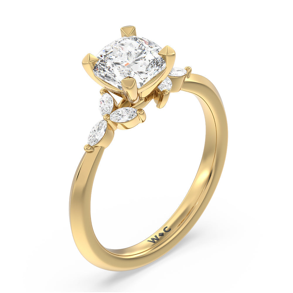 Marquise Accent Knife Edge Engagement Ring with Cushion Cut Diamond in 14KT Yellow Gold view 3
