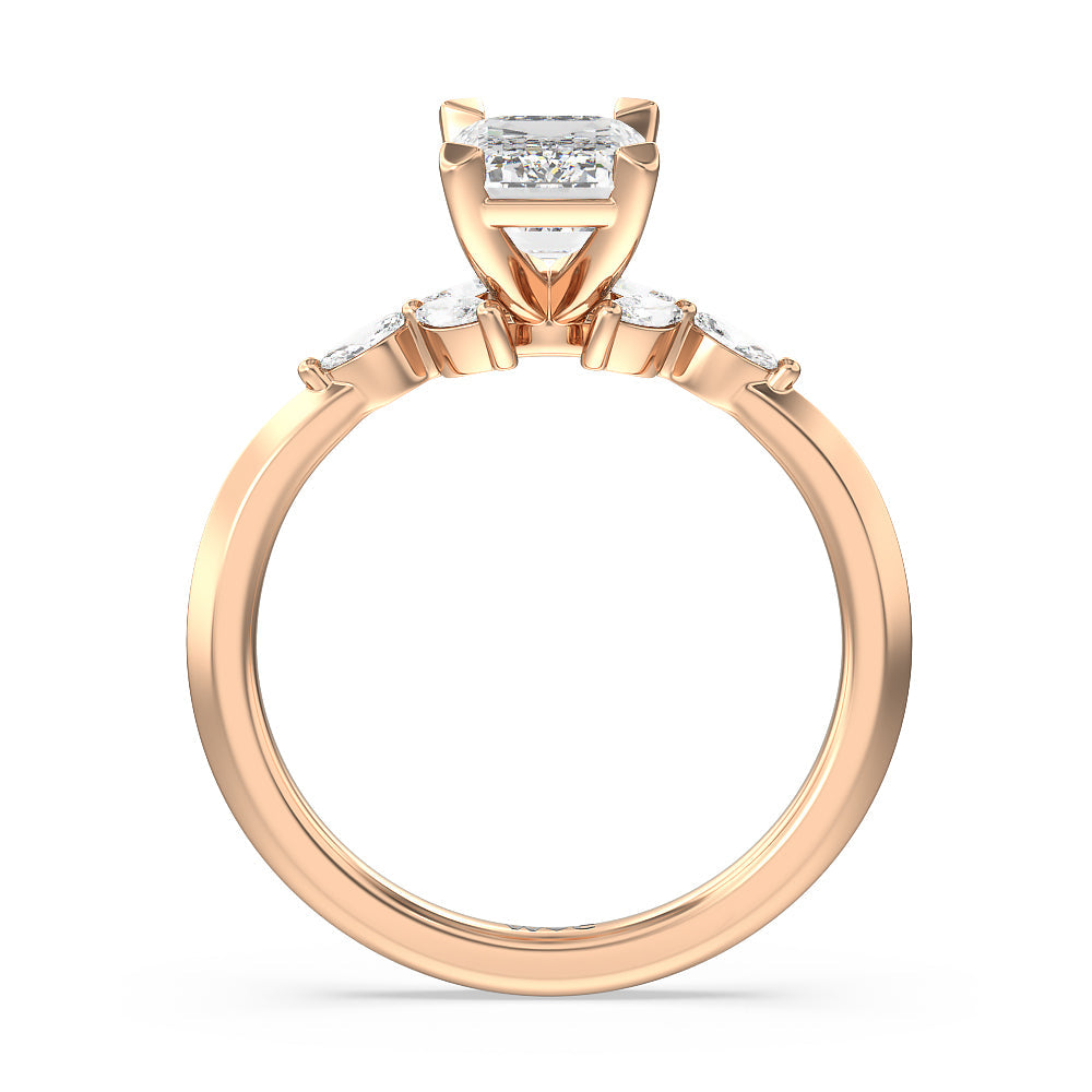 Marquise Accent Knife Edge Engagement Ring with Emerald Cut Diamond in 14KT Rose Gold view 2
