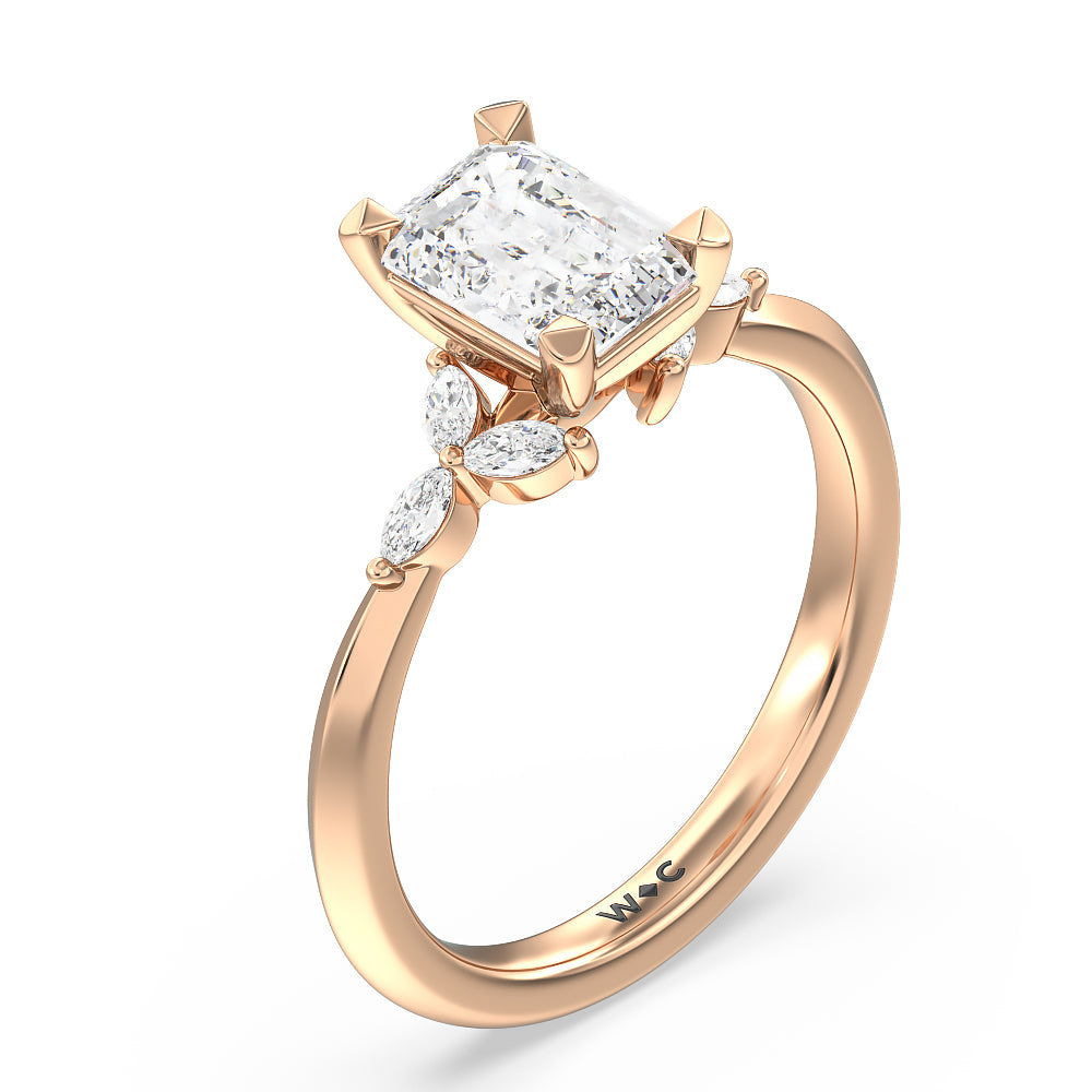 Marquise Accent Knife Edge Engagement Ring with Emerald Cut Diamond in 14KT Rose Gold view 3
