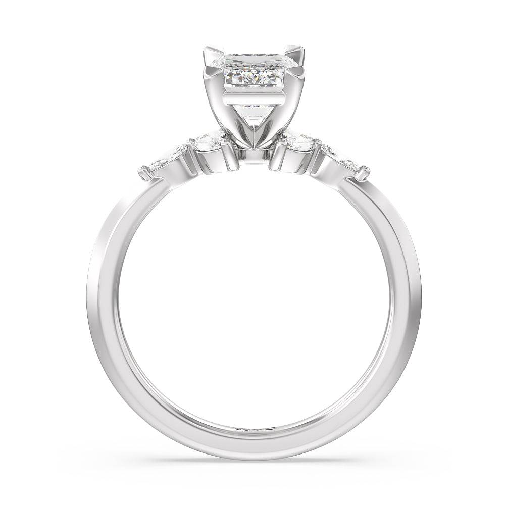 Marquise Accent Knife Edge Engagement Ring with Emerald Cut Diamond in 14KT Platinum view 2
