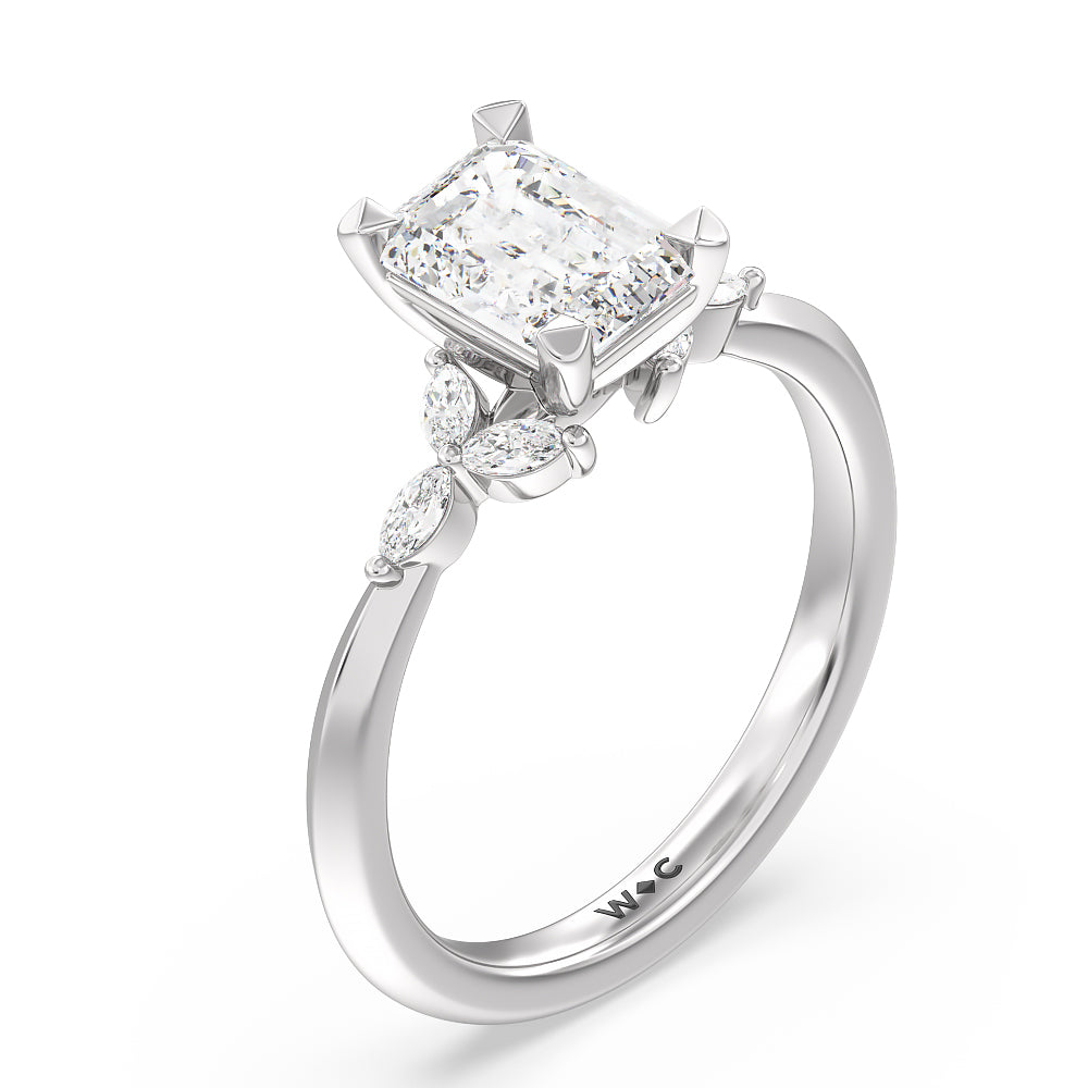 Marquise Accent Knife Edge Engagement Ring with Emerald Cut Diamond in 14KT Platinum view 3
