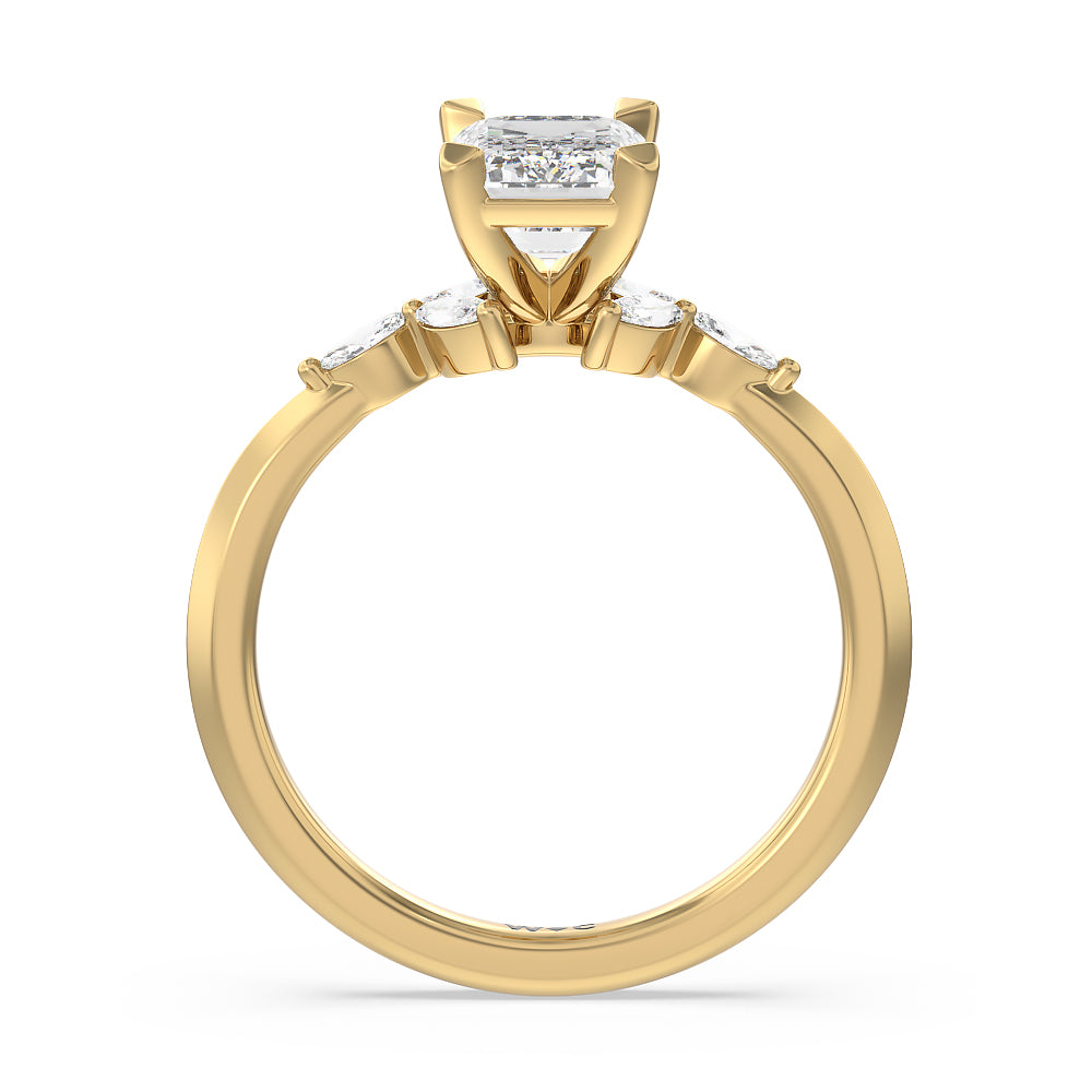 Marquise Accent Knife Edge Engagement Ring with Emerald Cut Diamond in 14KT Yellow Gold view 2
