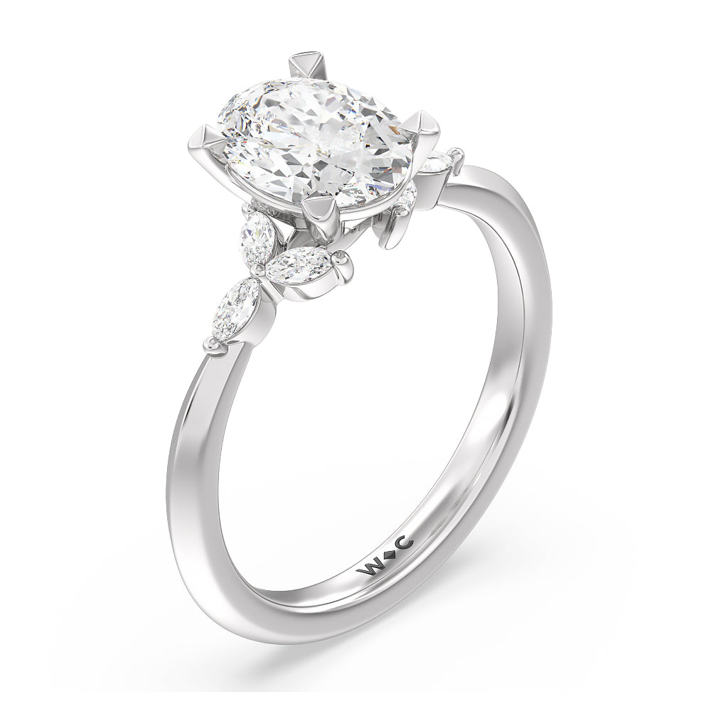 Marquise Accent Knife Edge Engagement Ring with Oval Cut Diamond in 14KT Platinum view 3
