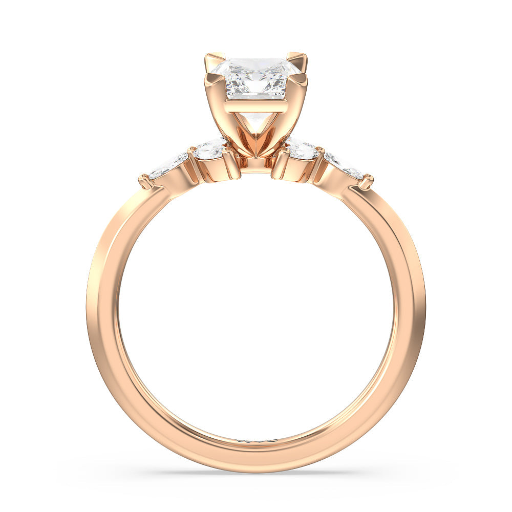 Marquise Accent Knife Edge Engagement Ring with Radiant Cut Diamond in 14KT Rose Gold view 2
