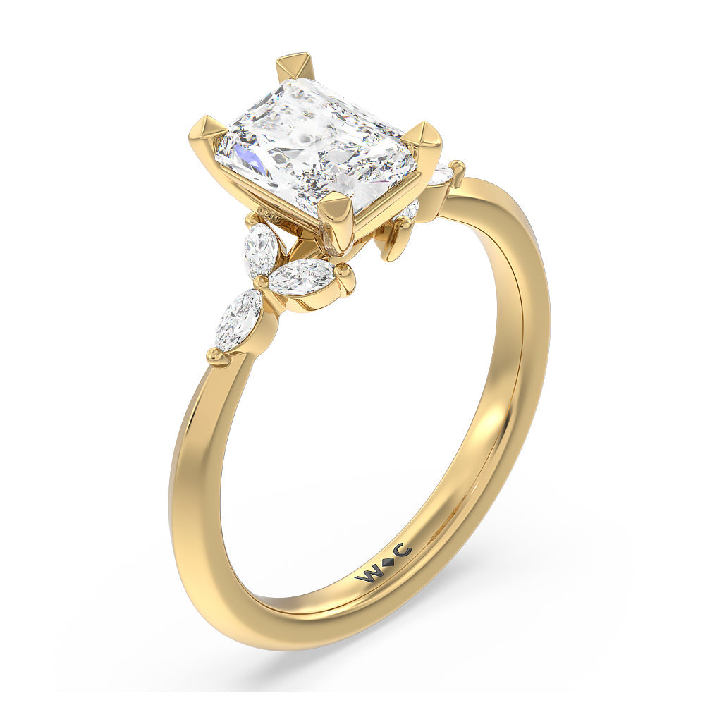 Marquise Accent Knife Edge Engagement Ring with Radiant Cut Diamond in 14KT Yellow Gold view 3
