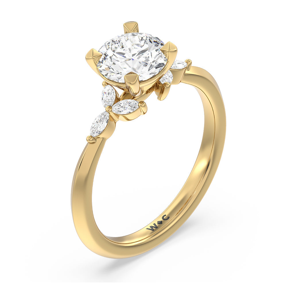 Marquise Accent Knife Edge Engagement Ring with Round Cut Diamond in 14KT Yellow Gold view 3
