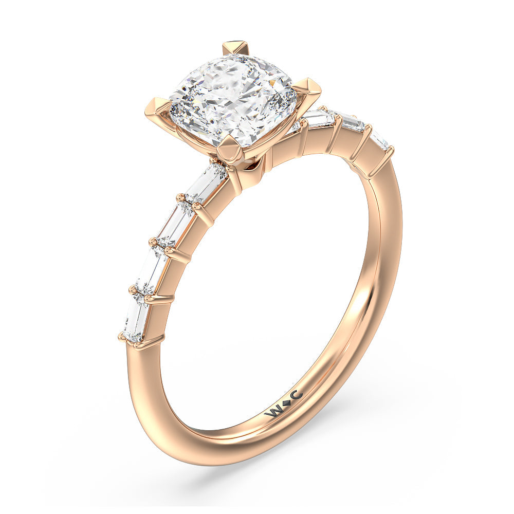 Petite Baguette Studded Engagement Ring with Cushion Cut Diamond in 14KT Rose Gold view 3
