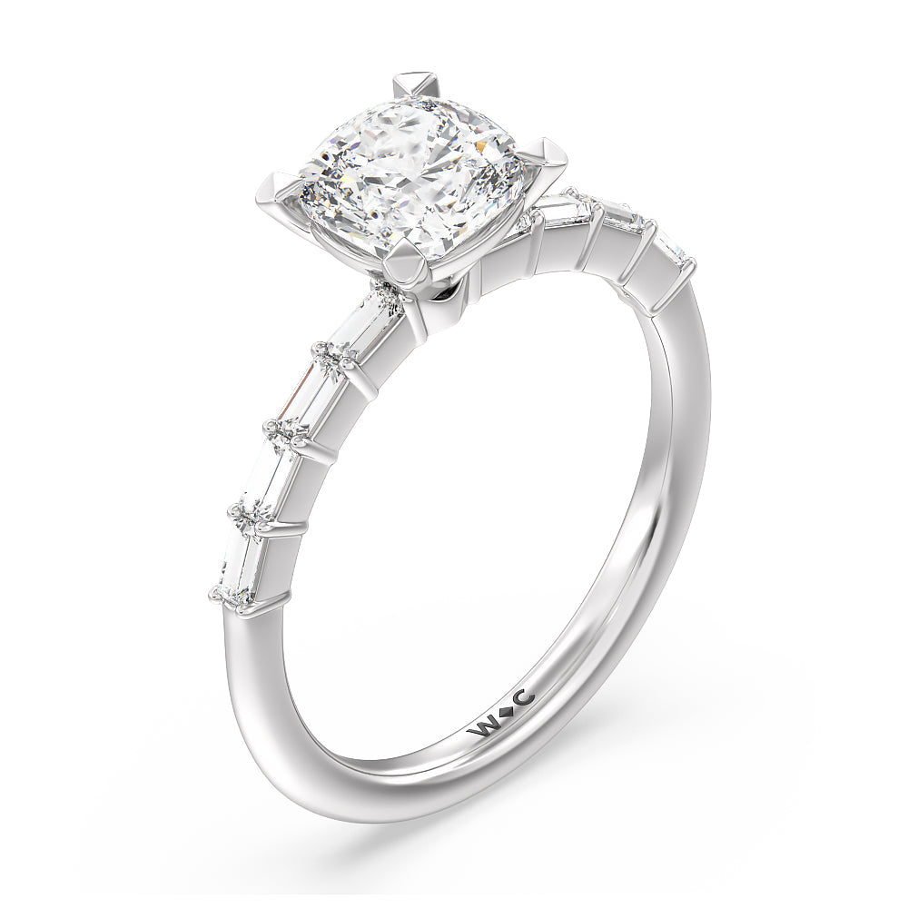 Petite Baguette Studded Engagement Ring with Cushion Cut Diamond in 14KT Platinum view 3
