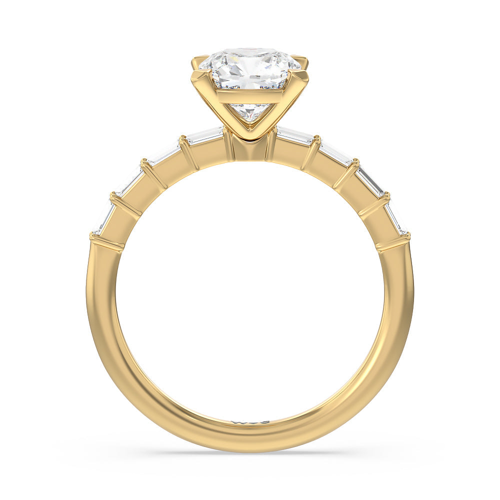 Petite Baguette Studded Engagement Ring with Cushion Cut Diamond in 14KT Yellow Gold view 2
