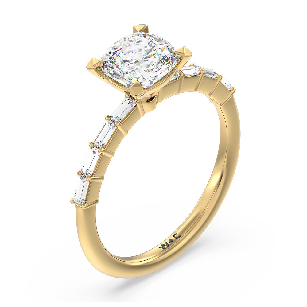 Petite Baguette Studded Engagement Ring with Cushion Cut Diamond in 14KT Yellow Gold view 3
