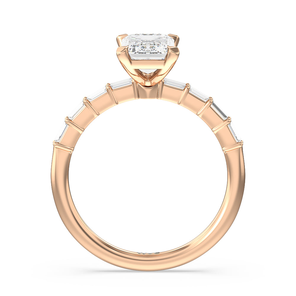 Petite Baguette Studded Engagement Ring with Emerald Cut Diamond in 14KT Rose Gold view 2
