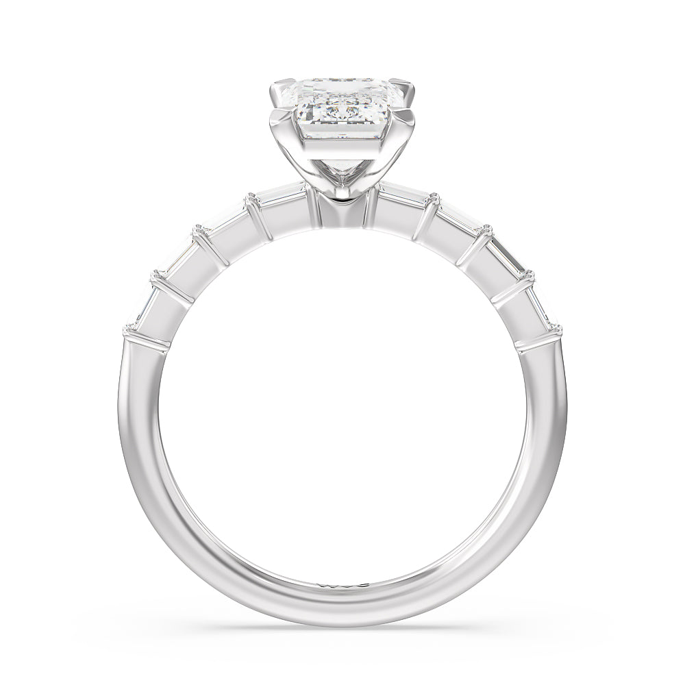 Petite Baguette Studded Engagement Ring with Emerald Cut Diamond in 14KT Platinum view 2
