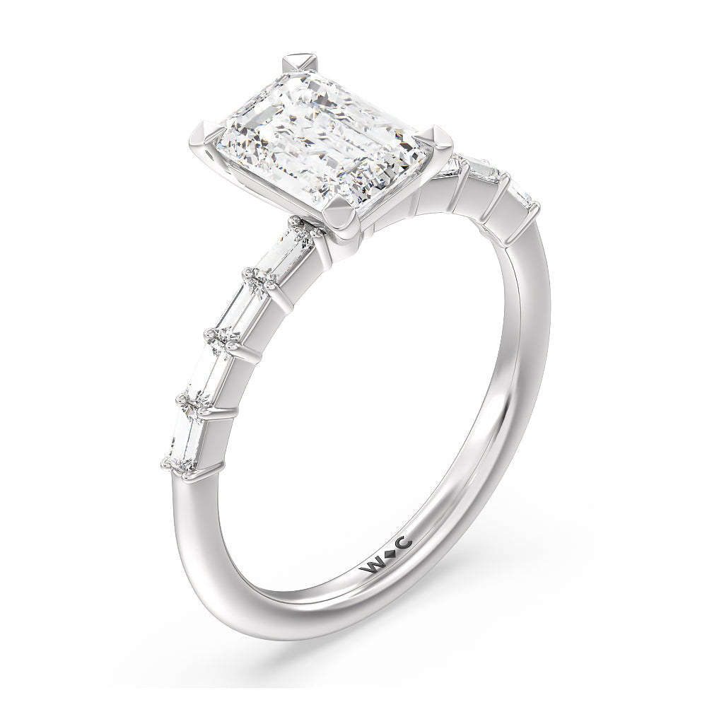Petite Baguette Studded Engagement Ring with Emerald Cut Diamond in 14KT Platinum view 3
