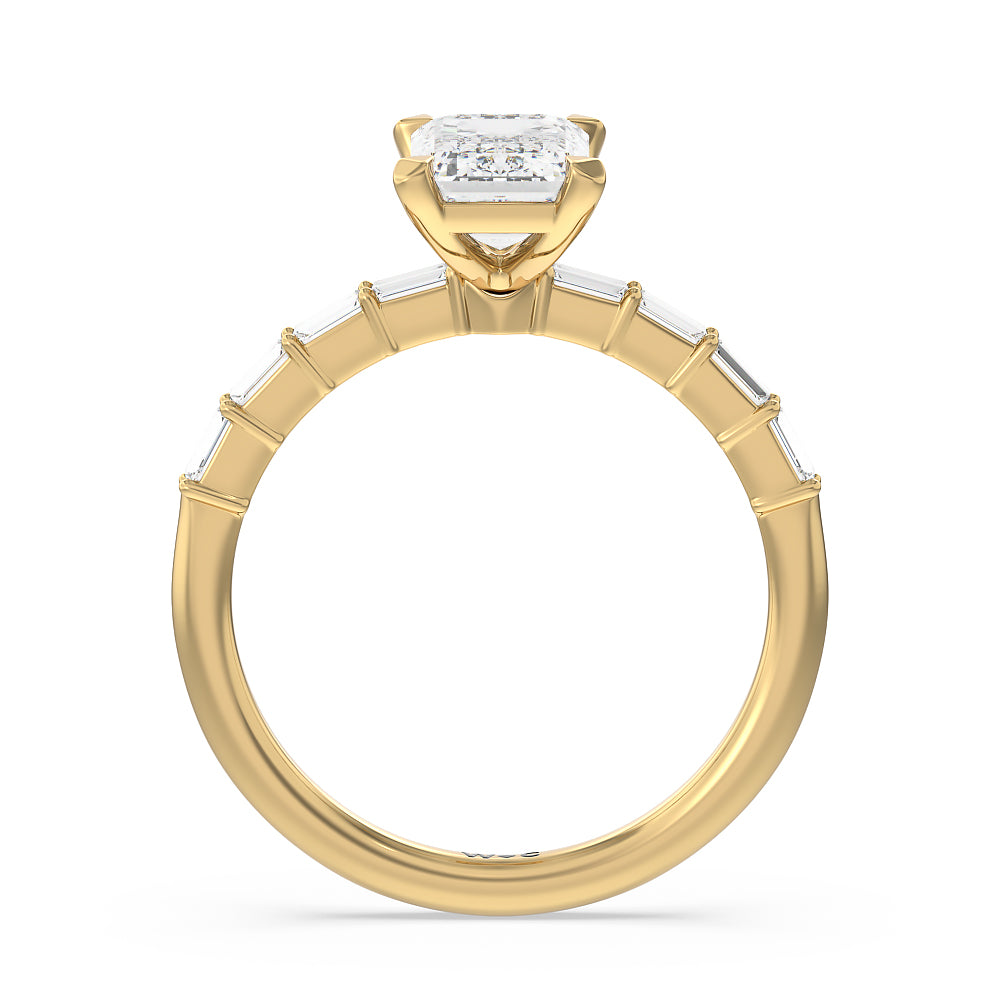 Petite Baguette Studded Engagement Ring with Emerald Cut Diamond in 14KT Yellow Gold view 2
