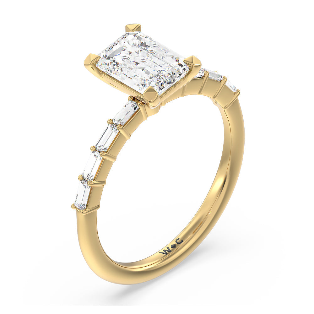 Petite Baguette Studded Engagement Ring with Emerald Cut Diamond in 14KT Yellow Gold view 3
