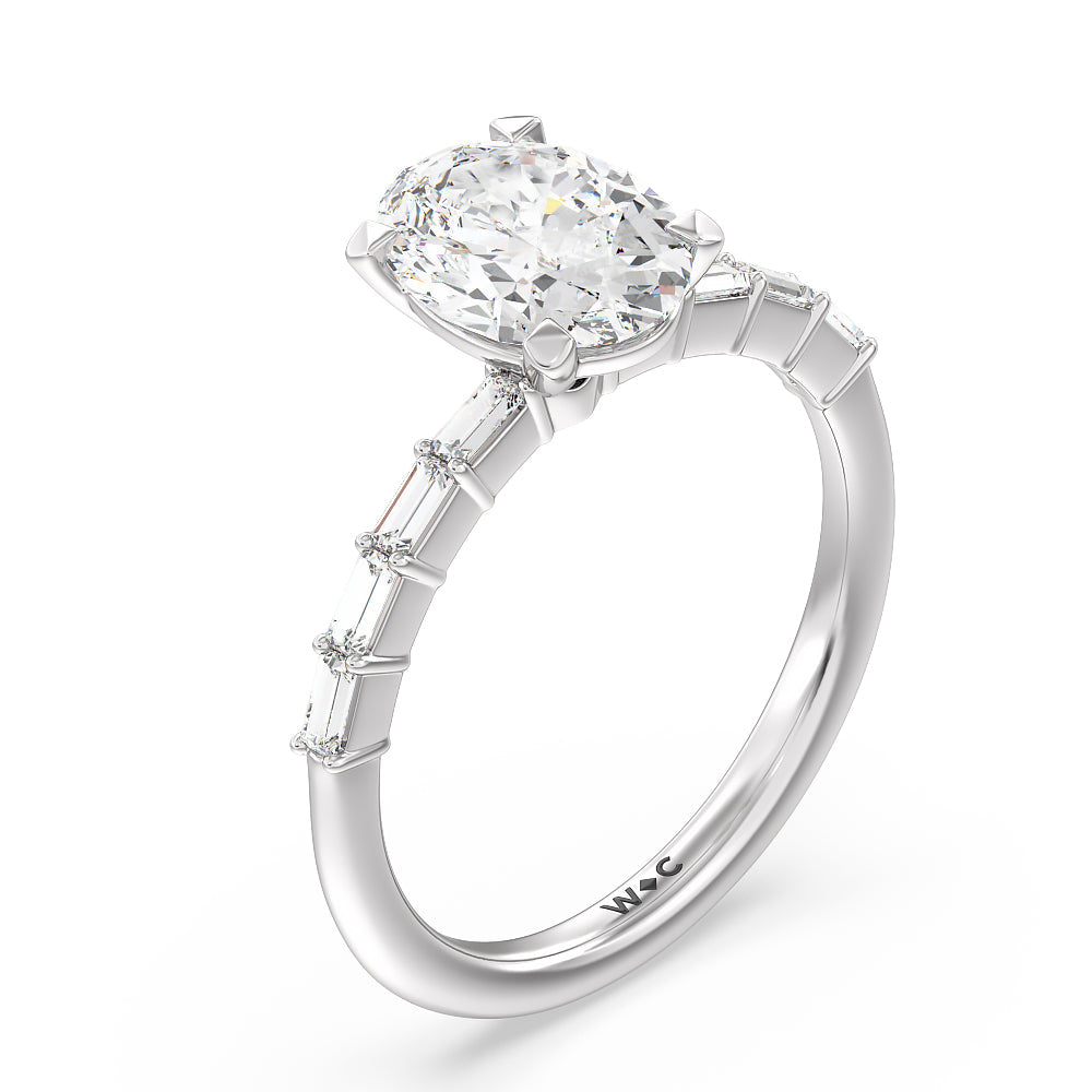 Petite Baguette Studded Engagement Ring with Oval Cut Diamond in 14KT Platinum view 3
