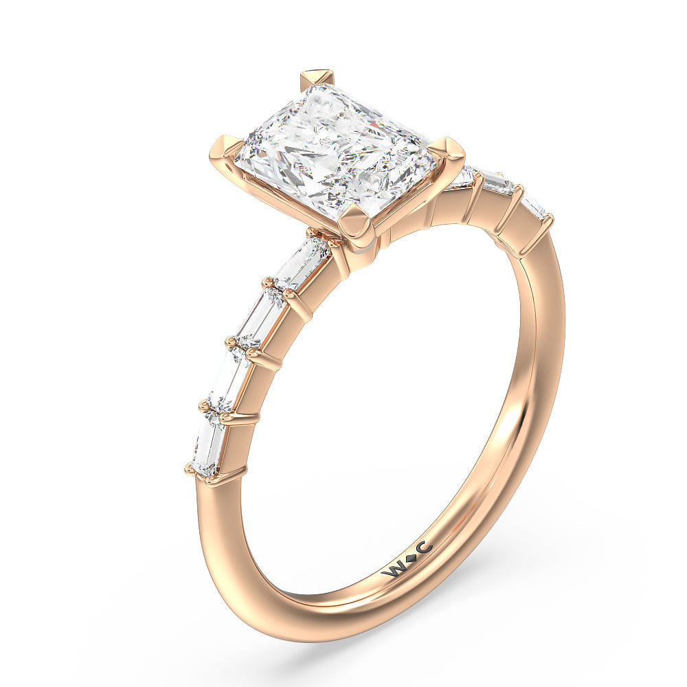 Petite Baguette Studded Engagement Ring with Radiant Cut Diamond in 14KT Rose Gold view 3

