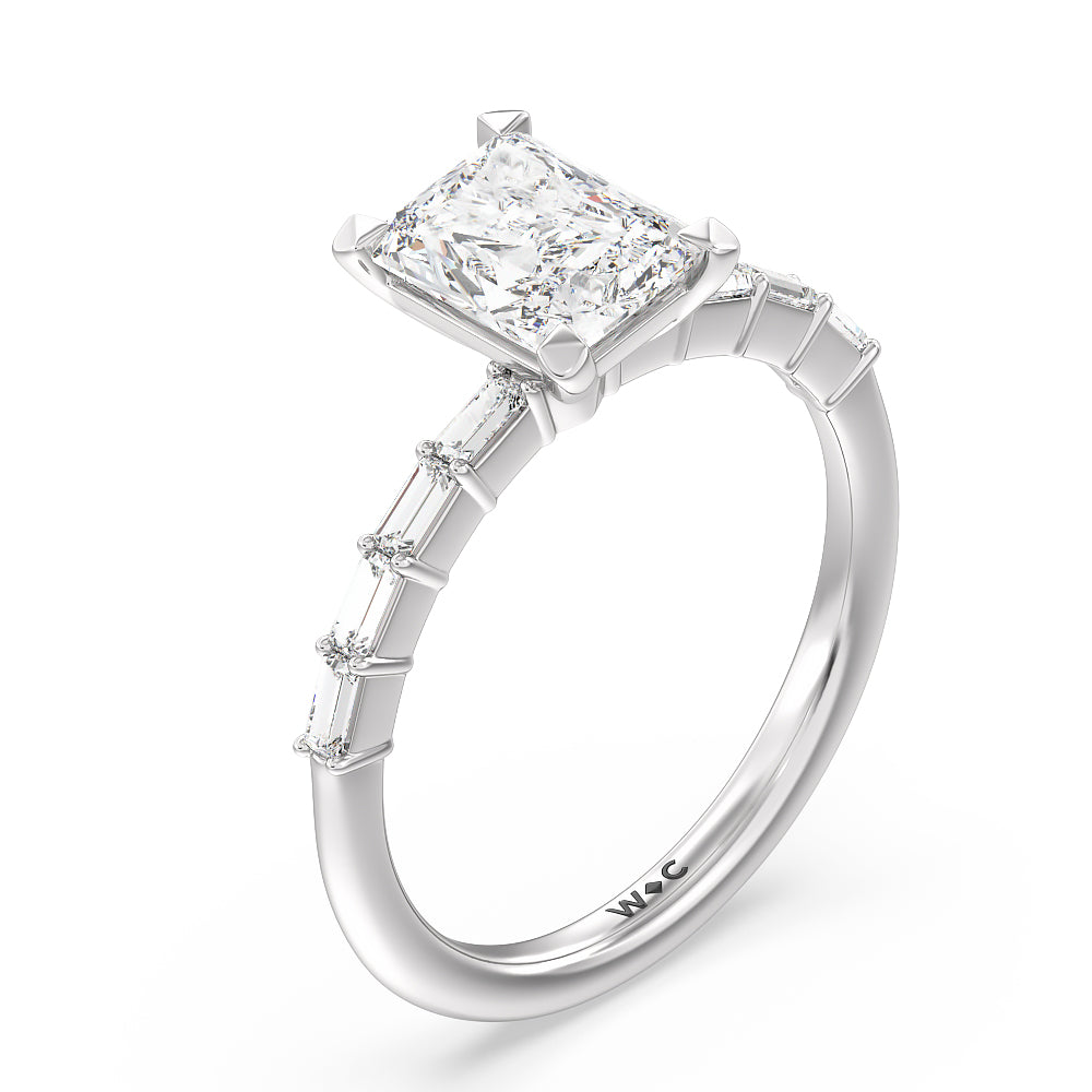 Petite Baguette Studded Engagement Ring with Radiant Cut Diamond in 14KT Platinum view 3
