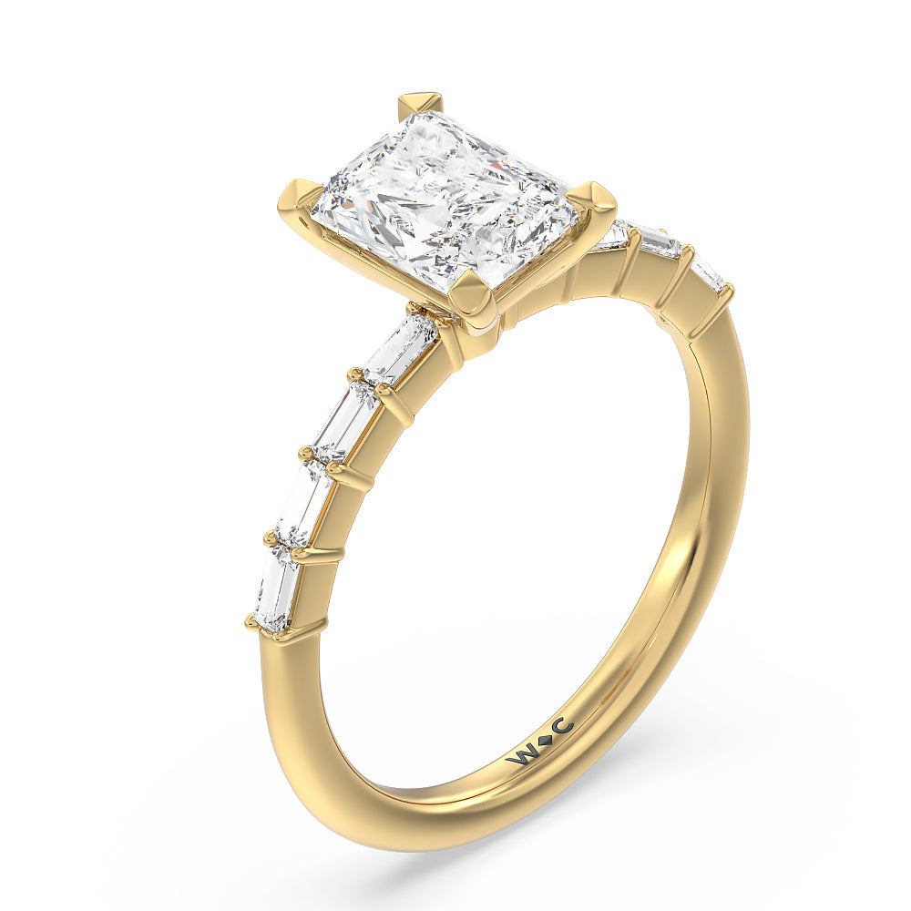Petite Baguette Studded Engagement Ring with Radiant Cut Diamond in 14KT Yellow Gold view 3
