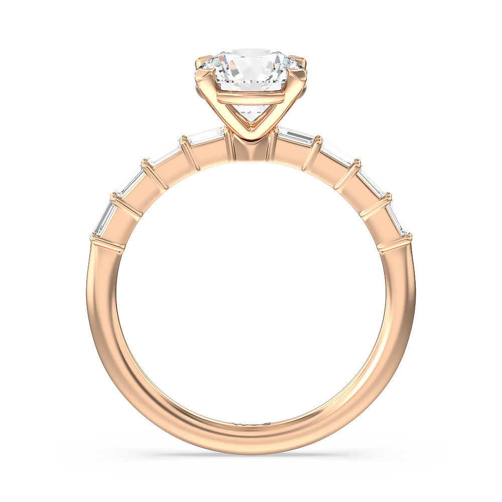 Petite Baguette Studded Engagement Ring with Round Cut Diamond in 14KT Rose Gold view 2
