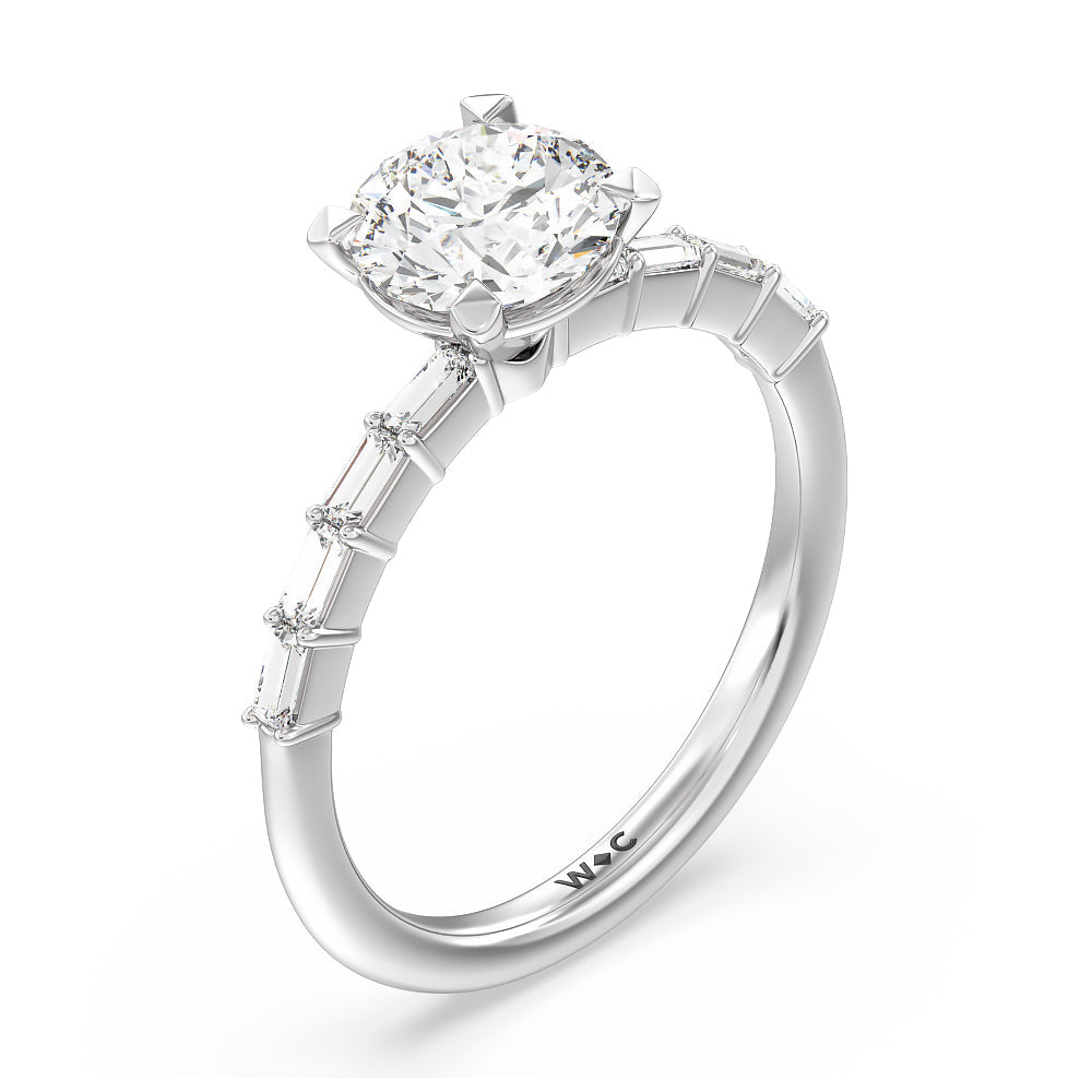 Petite Baguette Studded Engagement Ring with Round Cut Diamond in 14KT Platinum view 3
