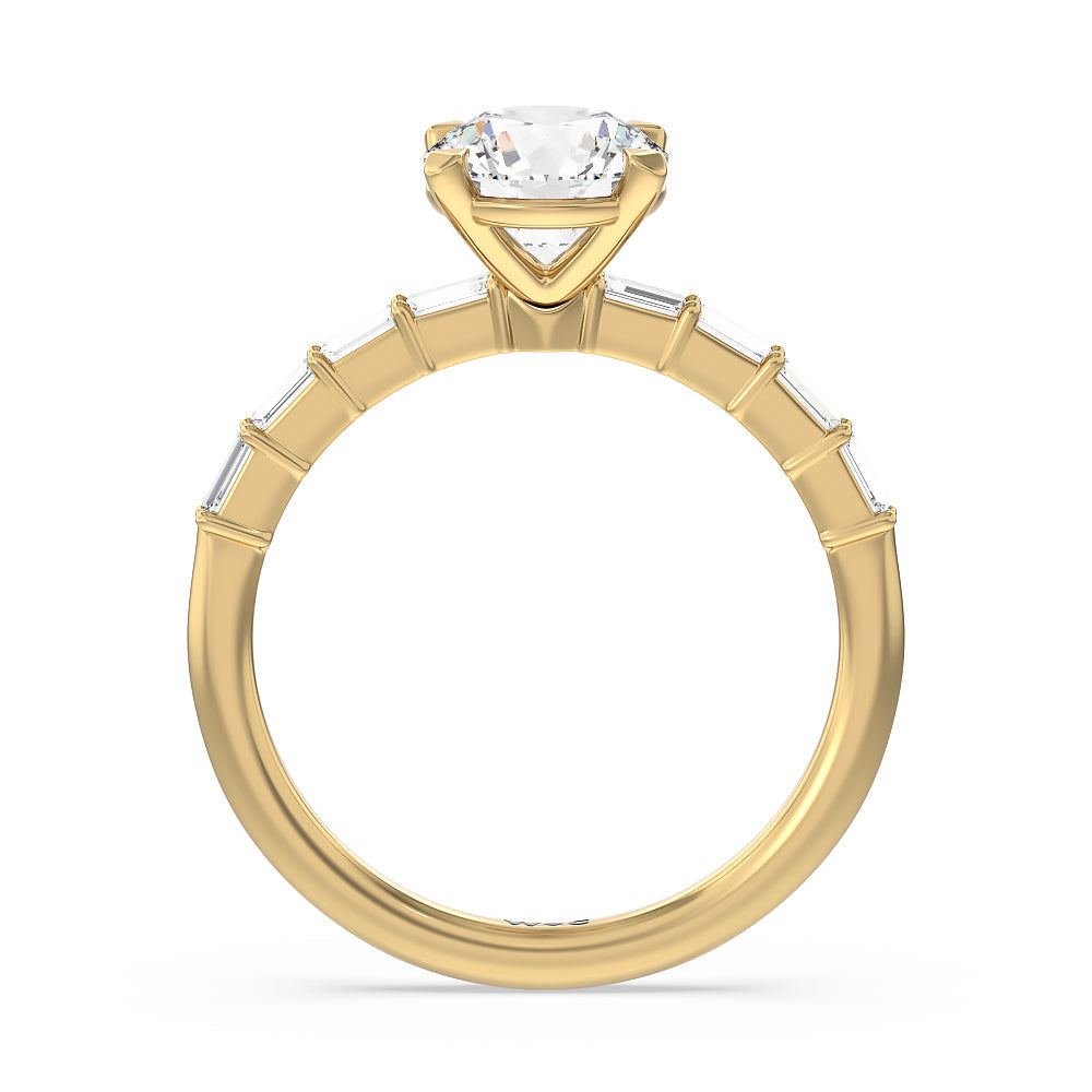 Petite Baguette Studded Engagement Ring with Round Cut Diamond in 14KT Yellow Gold view 2
