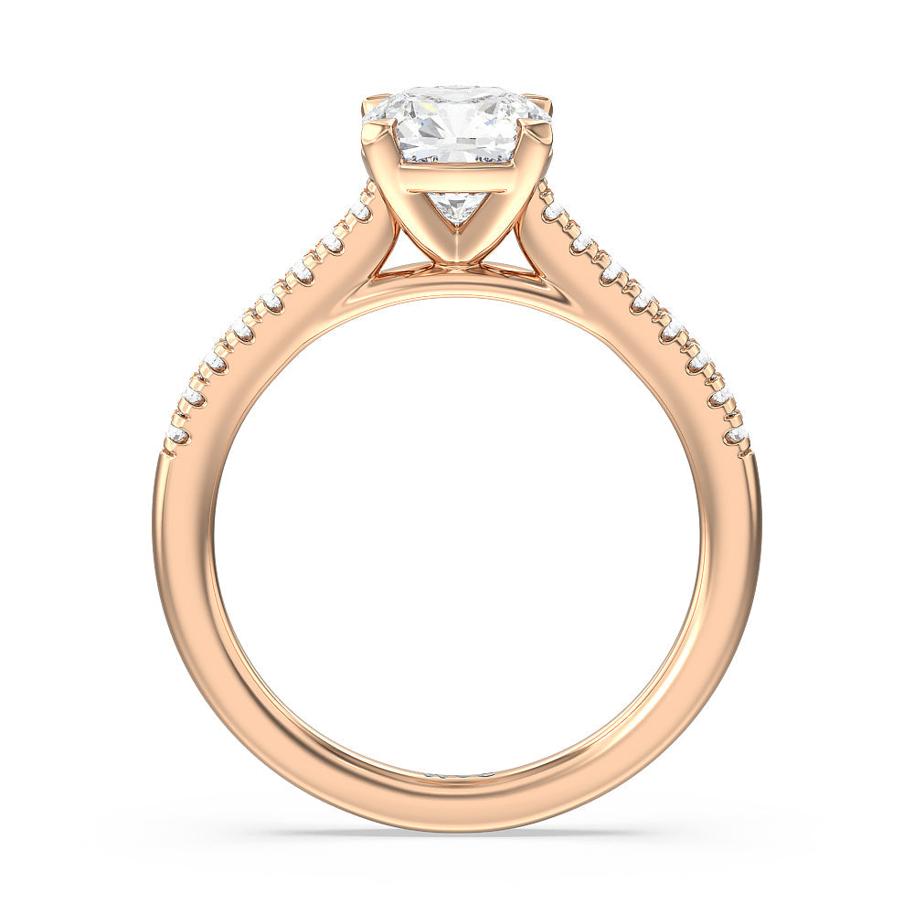 Pave Cathedral Shank East-West Engagement Ring with Cushion Cut Diamond in 14KT Rose Gold view 2
