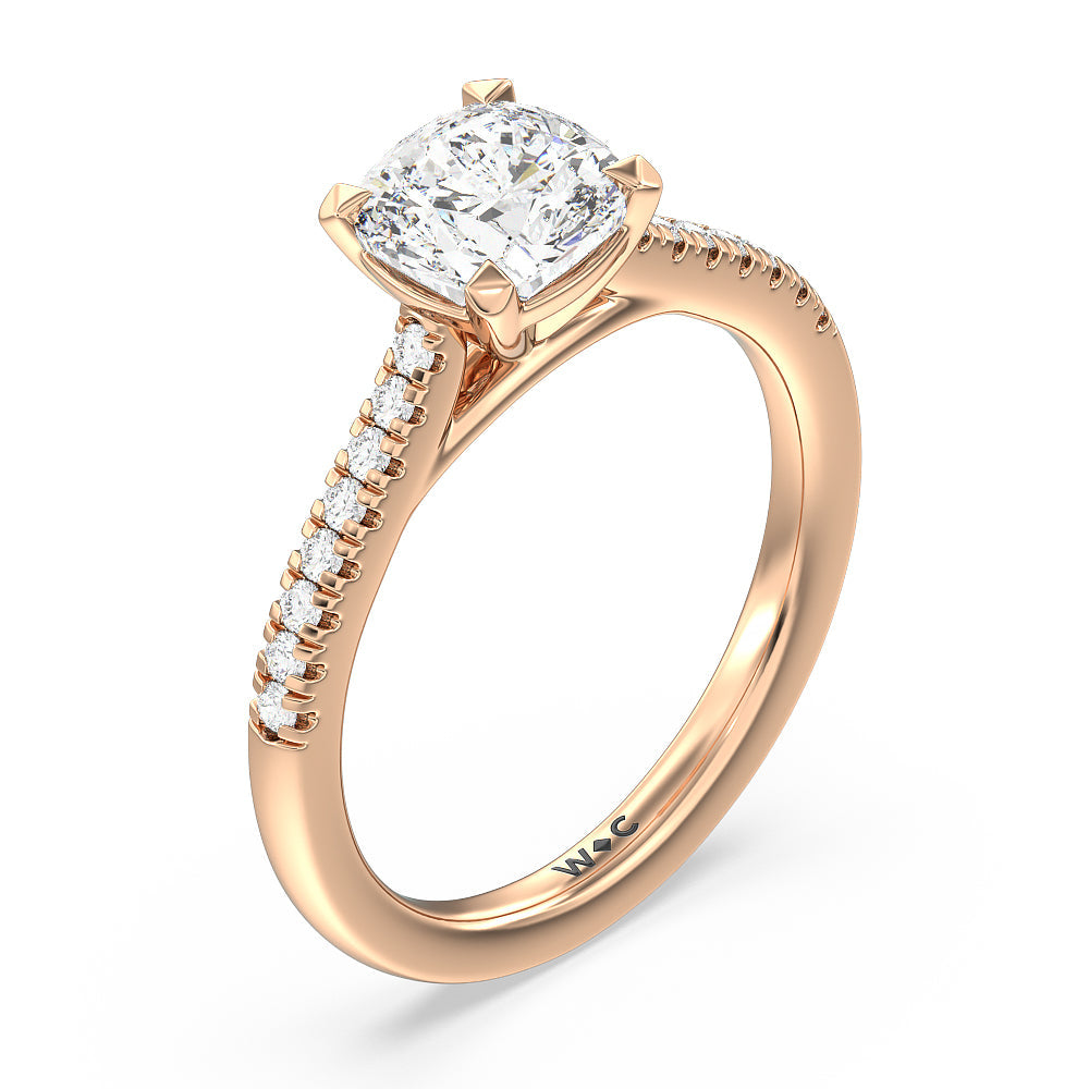 Pave Cathedral Shank East-West Engagement Ring with Cushion Cut Diamond in 14KT Rose Gold view 3
