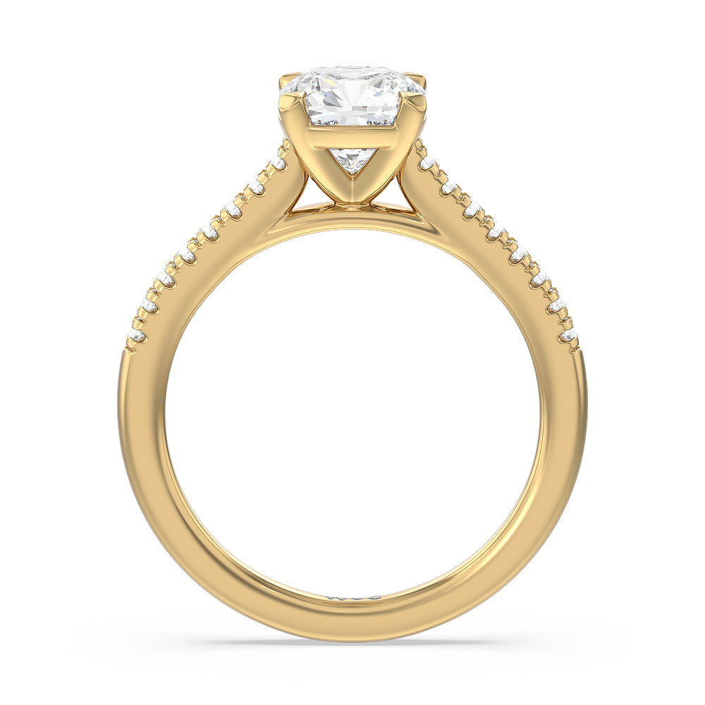 Pave Cathedral Shank East-West Engagement Ring with Cushion Cut Diamond in 14KT Yellow Gold view 2
