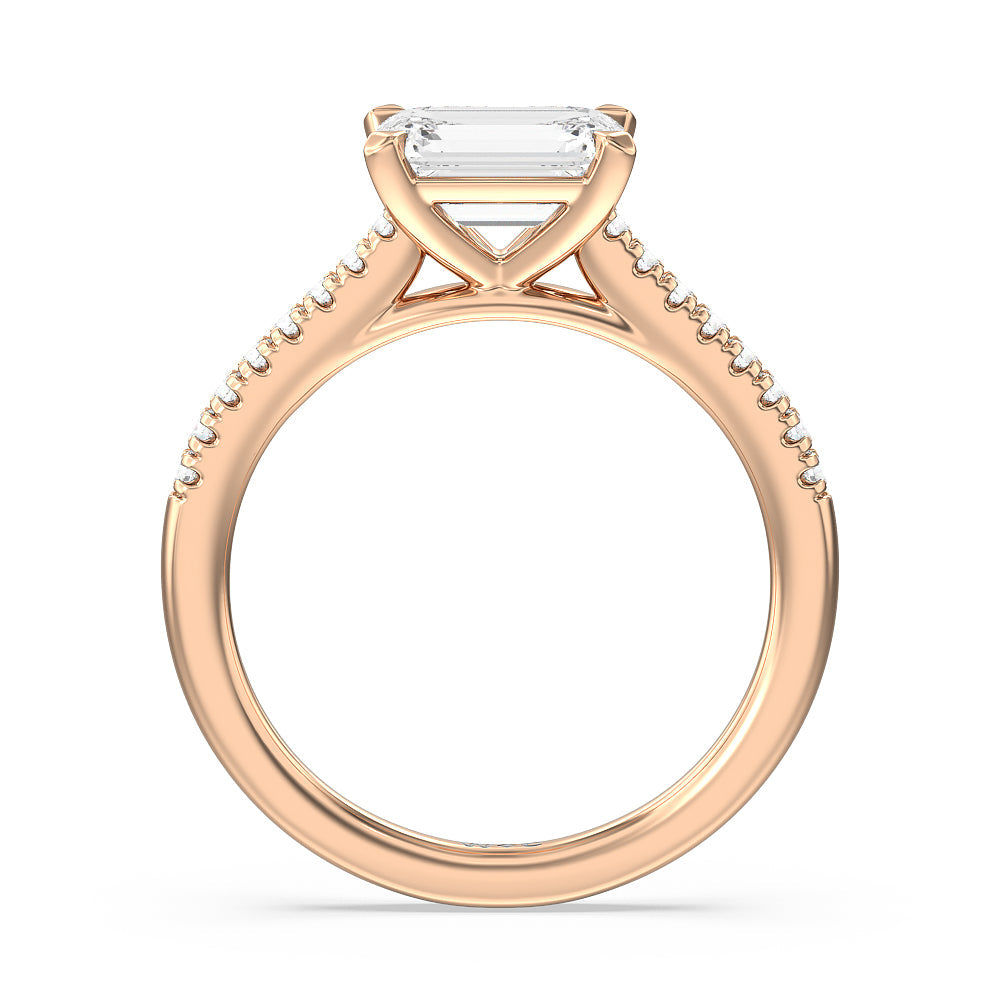 Pave Cathedral Shank East-West Engagement Ring with Emerald Cut Diamond in 14KT Rose Gold view 2
