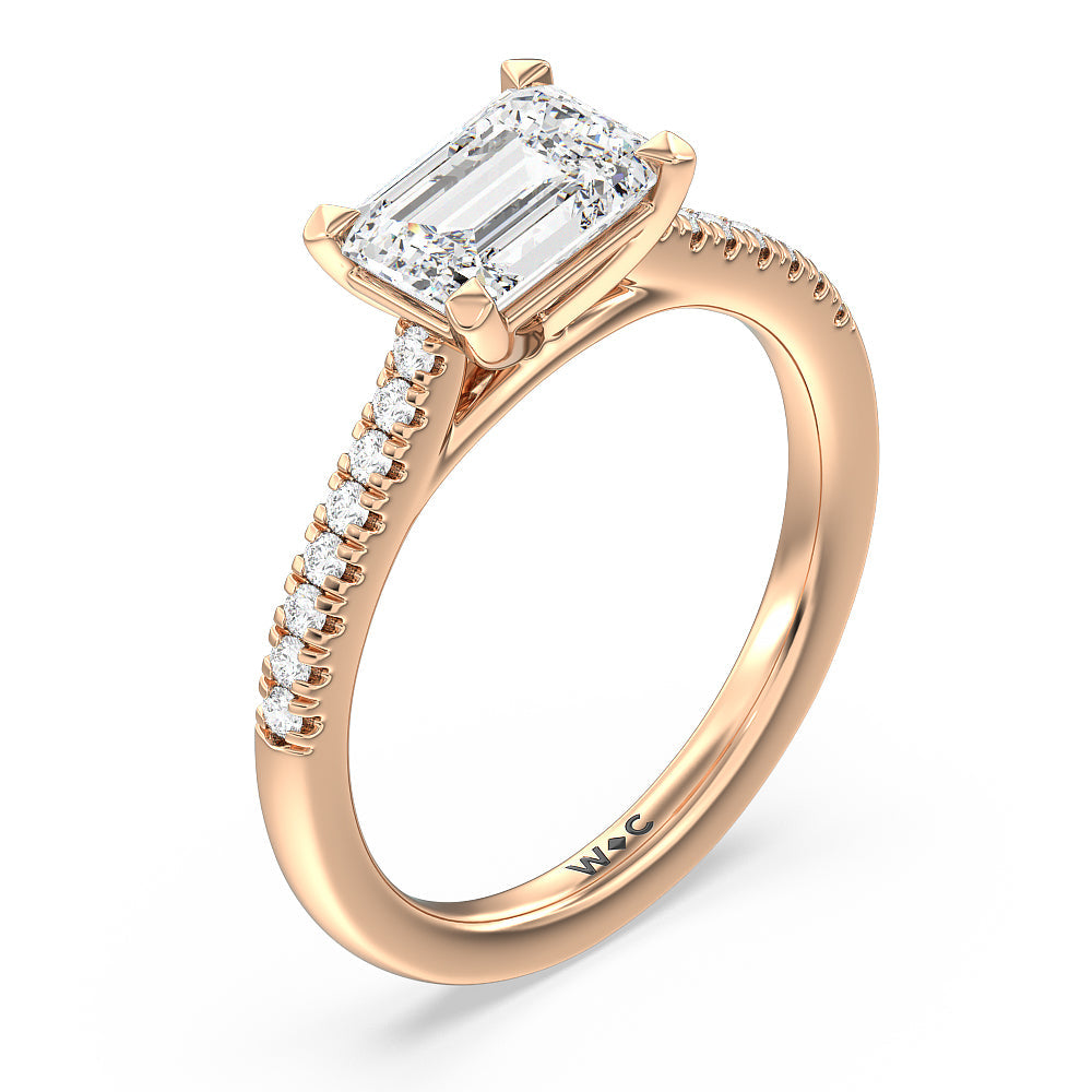 Pave Cathedral Shank East-West Engagement Ring with Emerald Cut Diamond in 14KT Rose Gold view 3
