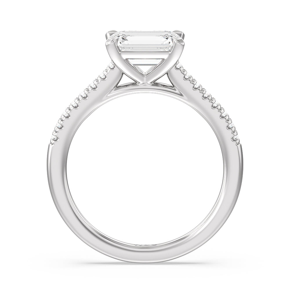 Pave Cathedral Shank East-West Engagement Ring with Emerald Cut Diamond in 14KT Platinum view 2
