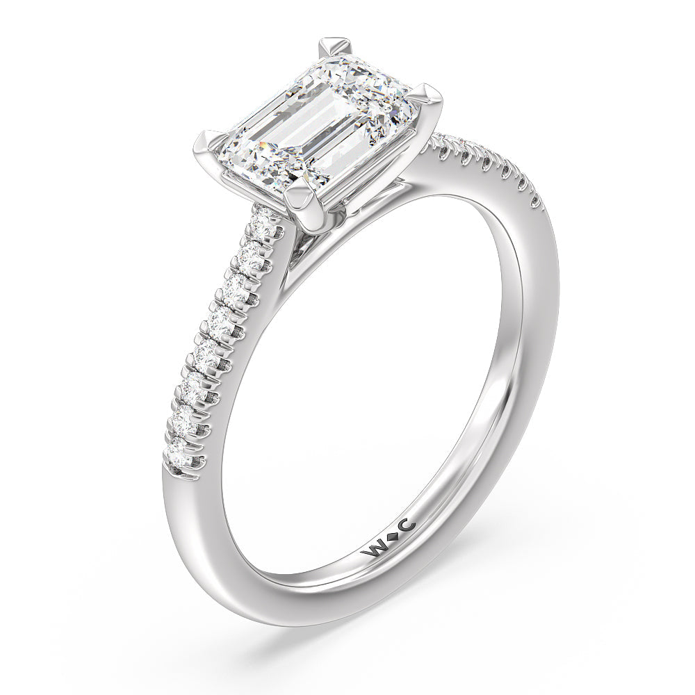 Pave Cathedral Shank East-West Engagement Ring with Emerald Cut Diamond in 14KT Platinum view 3

