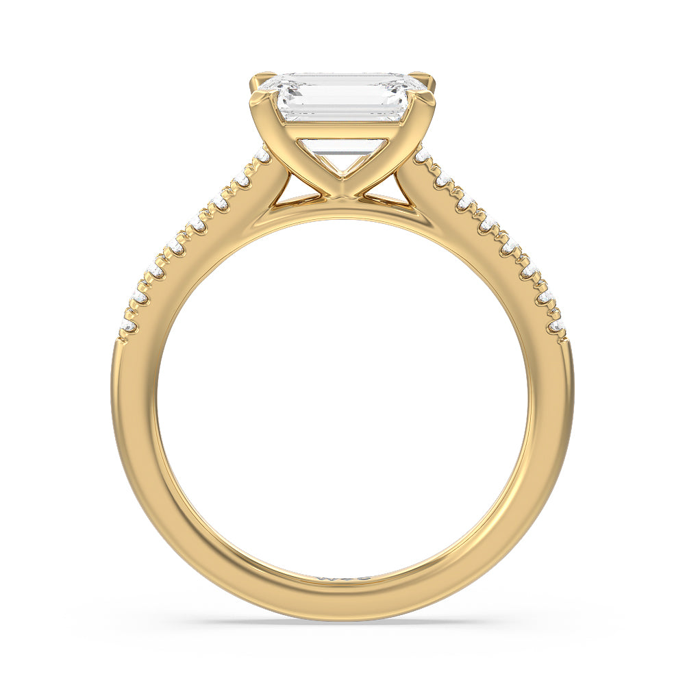 Pave Cathedral Shank East-West Engagement Ring with Emerald Cut Diamond in 14KT Yellow Gold view 2
