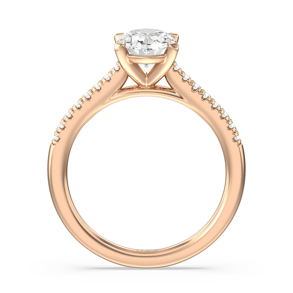 Pave Cathedral Shank East-West Engagement Ring with Oval Cut Diamond in 14KT Rose Gold view 2
