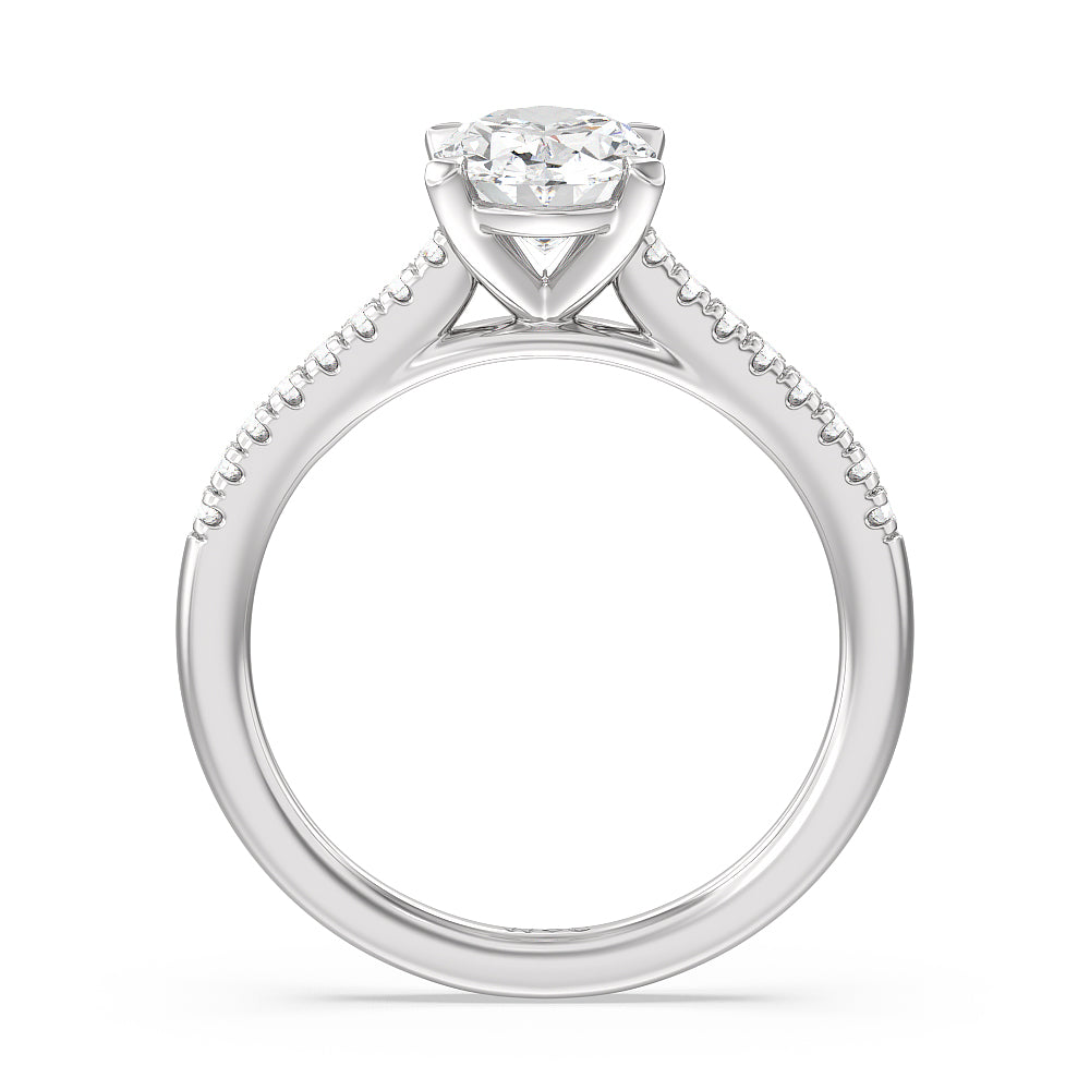 Pave Cathedral Shank East-West Engagement Ring with Oval Cut Diamond in 14KT Platinum view 2
