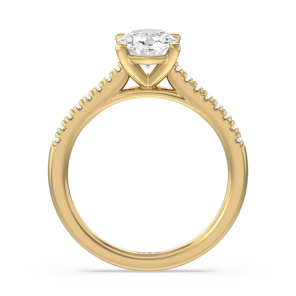 Pave Cathedral Shank East-West Engagement Ring with Oval Cut Diamond in 14KT Yellow Gold view 2
