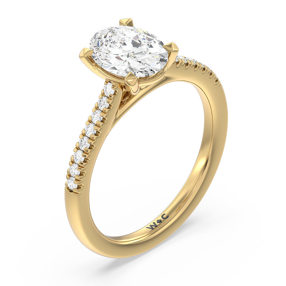 Pave Cathedral Shank East-West Engagement Ring with Oval Cut Diamond in 14KT Yellow Gold view 3

