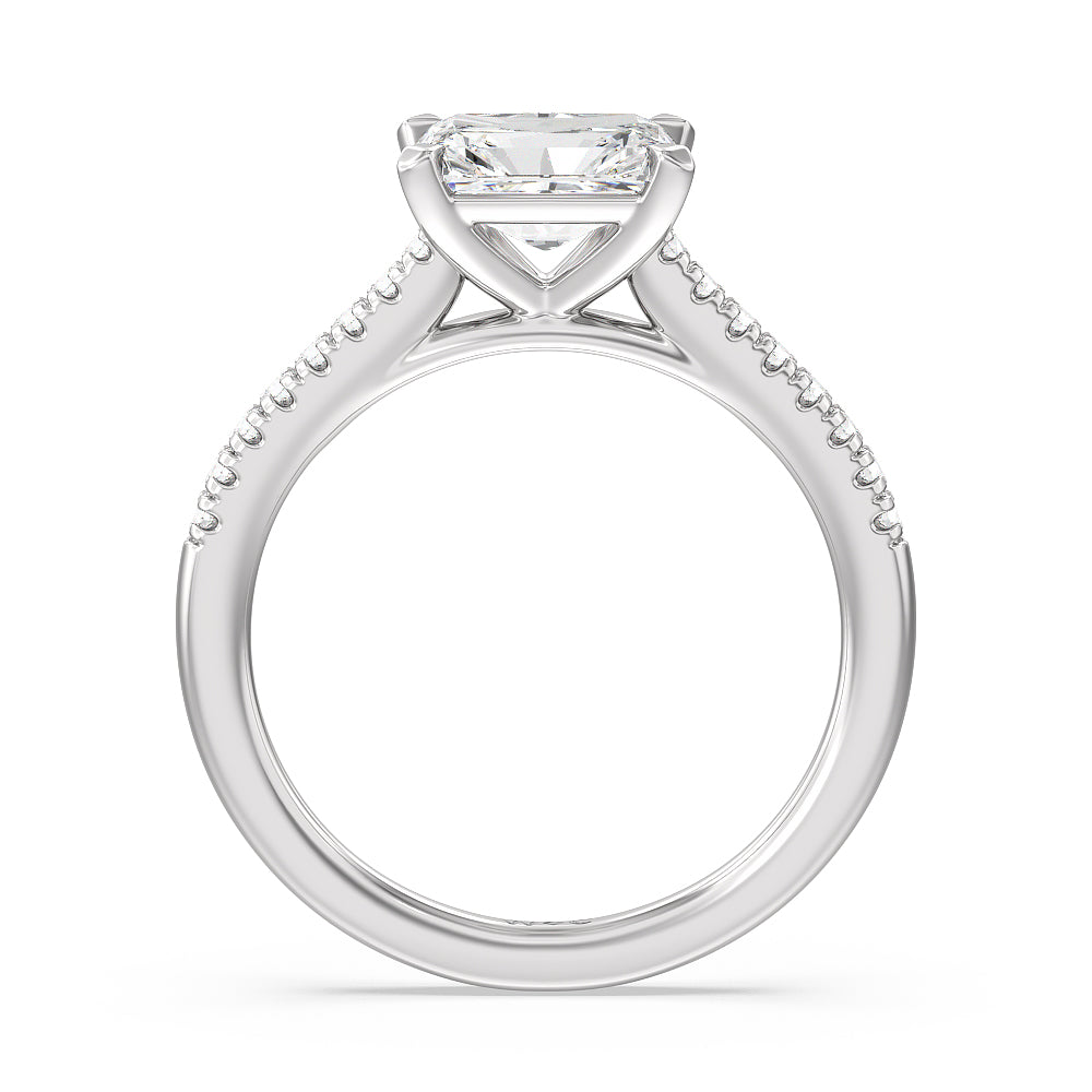 Pave Cathedral Shank East-West Engagement Ring with Radiant Cut Diamond in 14KT Platinum view 2
